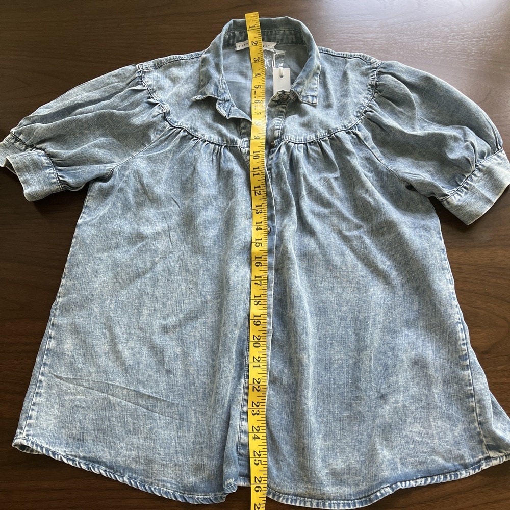 Women's Chambray Blouse XS Short Sleeve Denim Blue Puff Sleeve Bohemian Prairie - Picture 5 of 10